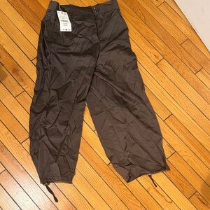 Zara Dark Brown Cargo Jumpsuit-Style Pants with Drawstring Cuffs